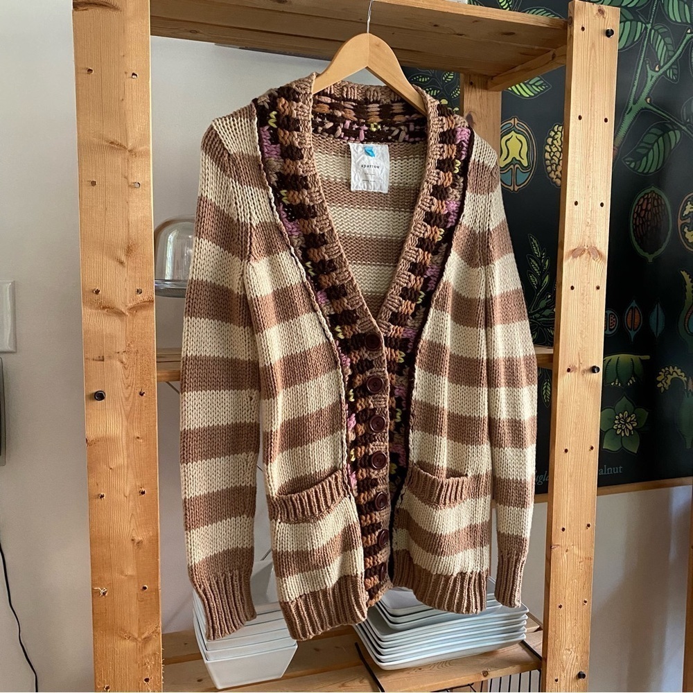 Anthropologie Sparrow Tan Stripe Hopi Basketweave Knit Cardigan Sweater Small - Picture 4 of 15
